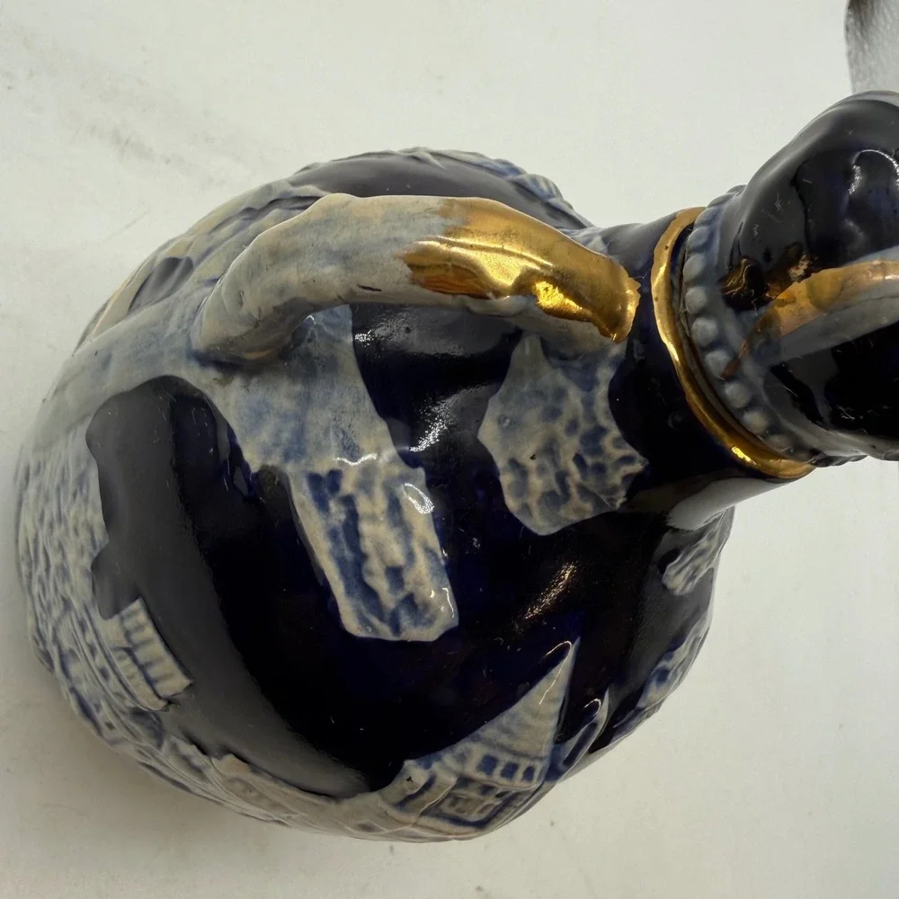 Vintage Japan Cobalt Ceramic Musical Decanter Castle Crown Stopper Gold Trim